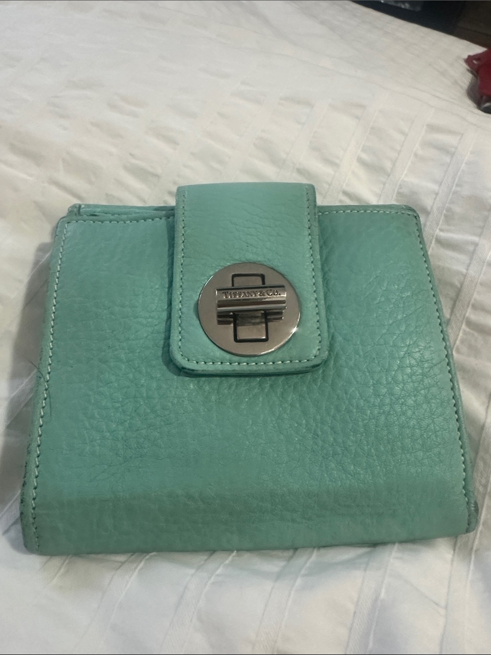 Tiffany & Co. Turquoise Pebbled Leather Wallet with Silver Turn-Lock
